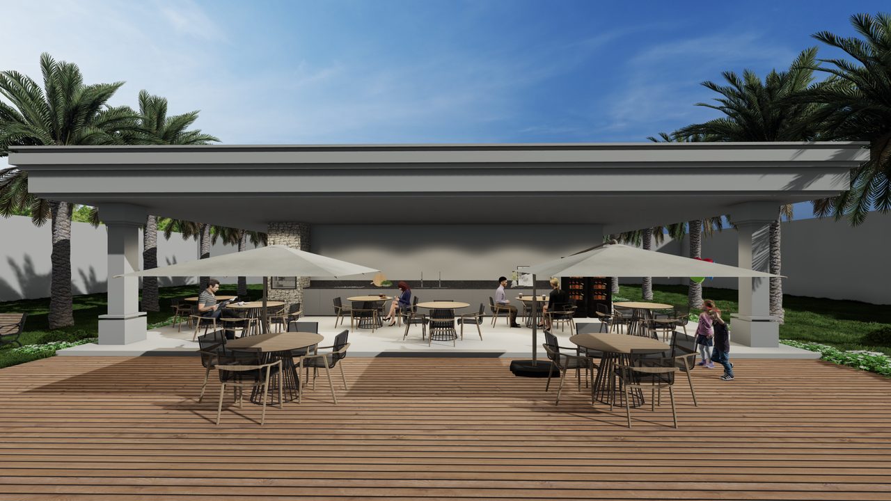 Quiosque gourmet com deck e área de convívio